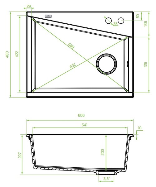 Laveo Grenada, 1-komorový granitový dřez 600x480x227 mm, béžová, LAV-SBG_410T