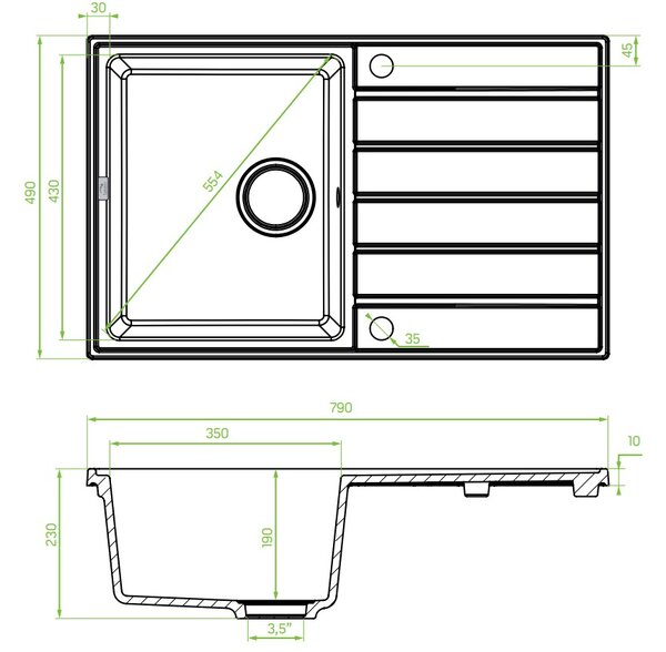 Laveo Margarita, 1-komorový granitový dřez 790x490x230 mm, černá, LAV-SBM_711T