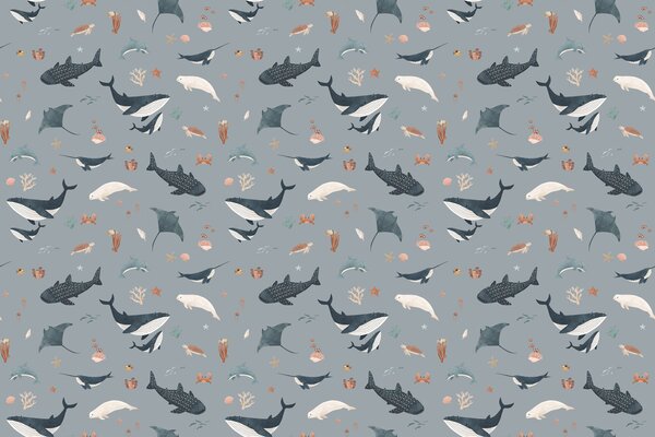 Dětská tapeta moře a velryby - Splendid Sea Blue Materiál: Digitální eko vlies - klasická tapeta nesamolepicí