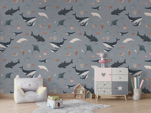 Dětská tapeta moře a velryby - Splendid Sea Blue Materiál: Digitální eko vlies - klasická tapeta nesamolepicí