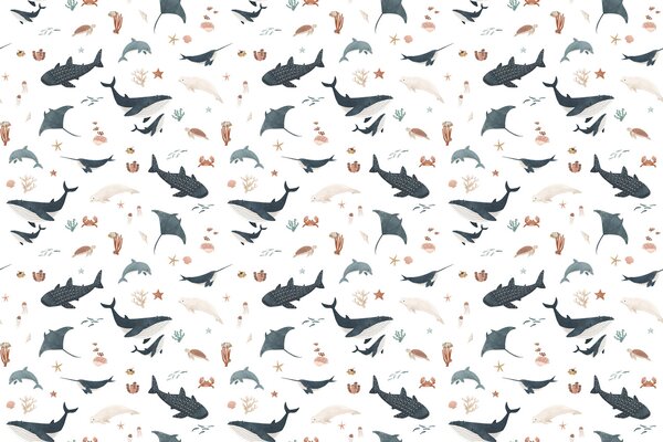 Dětská tapeta moře a velryby - Splendid Sea White Materiál: Digitální eko vlies - klasická tapeta nesamolepicí