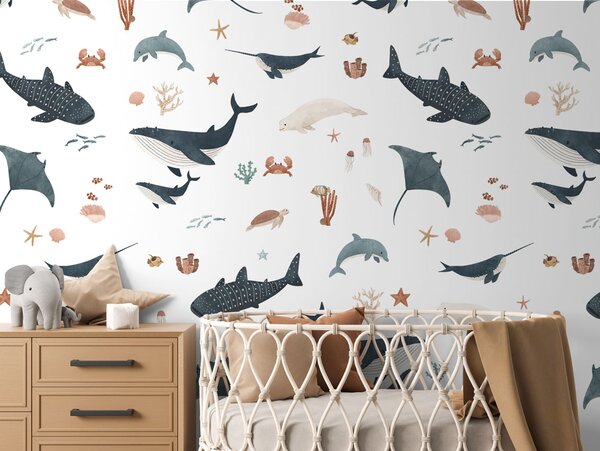 Dětská tapeta moře a velryby - Splendid Sea White Materiál: Digitální eko vlies - klasická tapeta nesamolepicí