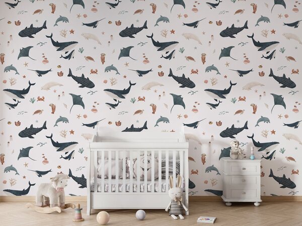 Dětská tapeta moře a velryby - Splendid Sea White Materiál: Digitální eko vlies - klasická tapeta nesamolepicí