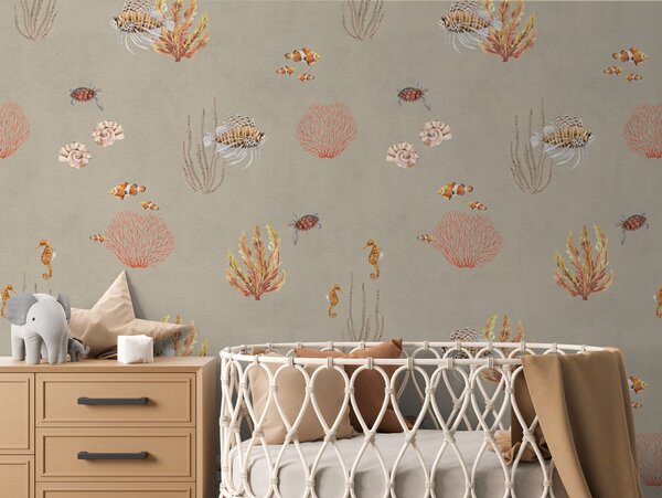 Dětská tapeta podmořský svět - Coral Garden Brown Materiál: Digitální eko vlies - klasická tapeta nesamolepicí