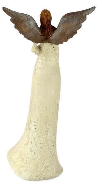 Soška anděla v krémových šatech se srdcem 25,5 cm – dekorace z polyresinu (Andělská figurka krémová se srdcem, 25,5 cm, polyresin)
