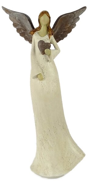 Soška anděla v krémových šatech se srdcem 25,5 cm – dekorace z polyresinu (Andělská figurka krémová se srdcem, 25,5 cm, polyresin)