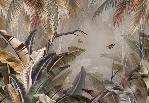 Fototapeta - Jungle na stěně s motýli (245x170 cm)
