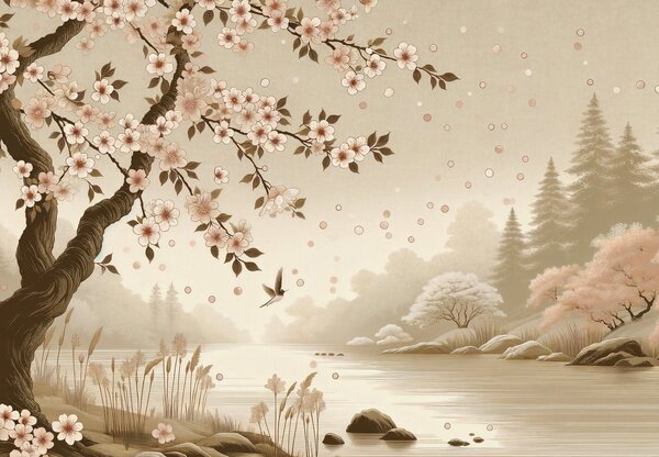 Fototapeta - Sakura u řeky (245x170 cm)