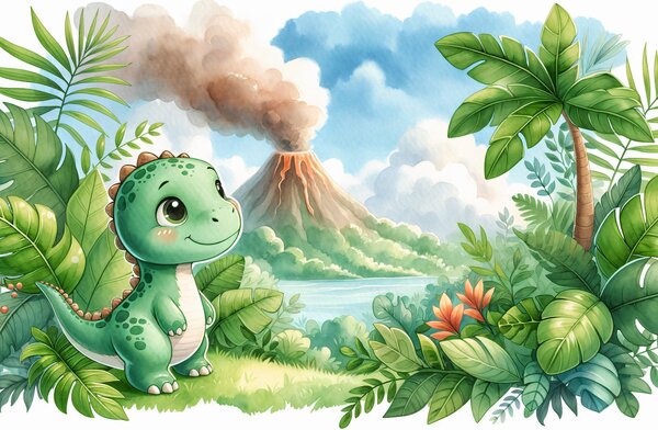 Fototapeta - Dino a sopka (245x170 cm)