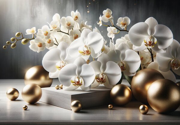 Fototapeta - Orchidej a zlaté koule (245x170 cm)