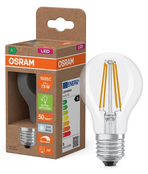 Průhledná LED žárovka E27 5 W CLASSIC A, studená bílá
