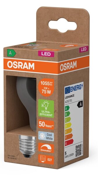 Průhledná LED žárovka E27 5 W CLASSIC A, studená bílá