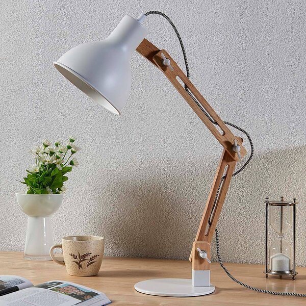 Lindby Dřevěná lampa na psací stůl Shivanja se stínidlem, Světlé dřevo, Pracovna / kancelář, Dřevo, Moderní