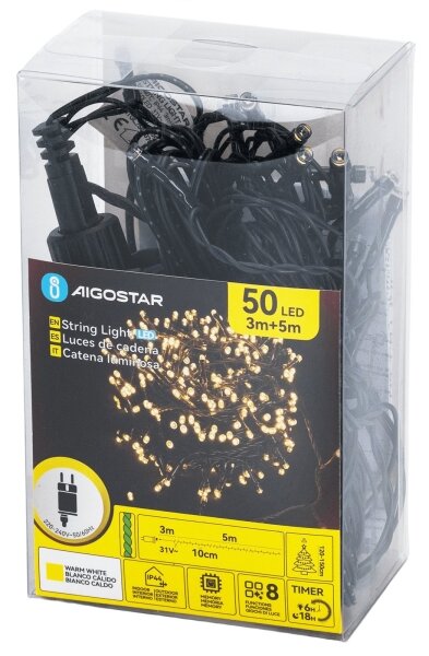 Aigostar - LED Venkovní vánoční řetěz 50xLED/8 funkcí 8m IP44 teplá bílá