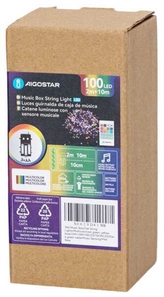 Aigostar - LED Stm venk ván řetěz se senz 100xLED/3xAA 12m multicolor + DO