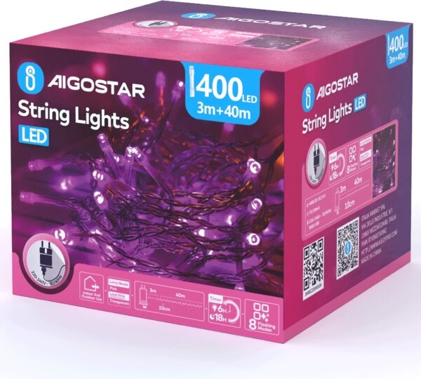 Aigostar - LED Venkovní vánoční řetěz 400xLED/8 funkcí 43m IP44 růžová