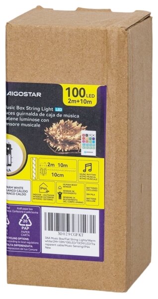 Aigostar - LED Stm venk ván řetěz se senz 100xLED/3xAA 12m teplá bílá + DO