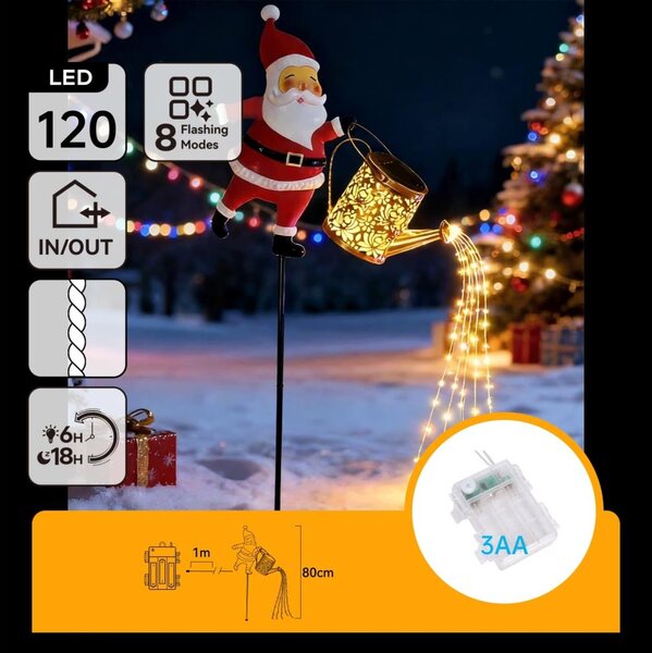 Aigostar- LED Venk vánoční dekorace 120xLED/3xAA/8 funkcí 80 cm IP44 Santa/teplá