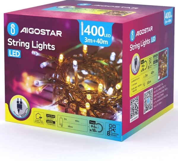 Aigostar - LED Venk vánoční řetěz 400xLED/8 funkcí 43m IP44 teplá/studená bílá