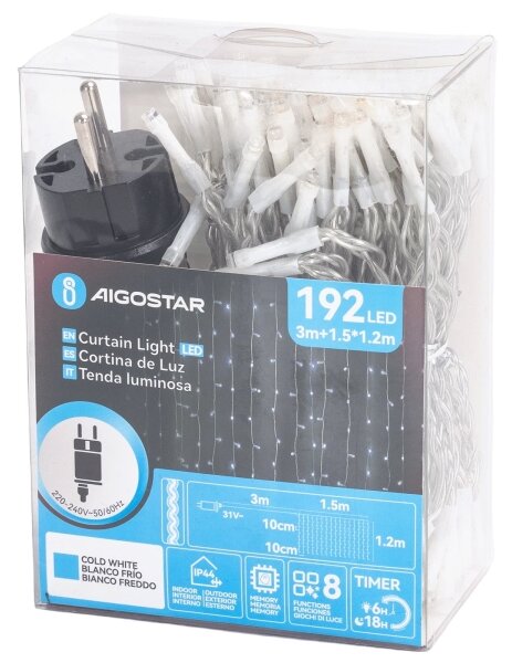 Aigostar-LED Venkovní vánoční řetěz 192xLED/8 funkcí 4,5x1,2m IP44 studená bílá