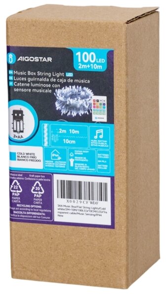 Aigostar - LED Stm venk ván řetěz se senz 100xLED/3xAA 12m studená bílá + DO