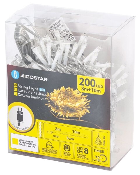 Aigostar - LED Venkovní vánoční řetěz 200xLED/8 funkcí 13m IP44 teplá bílá