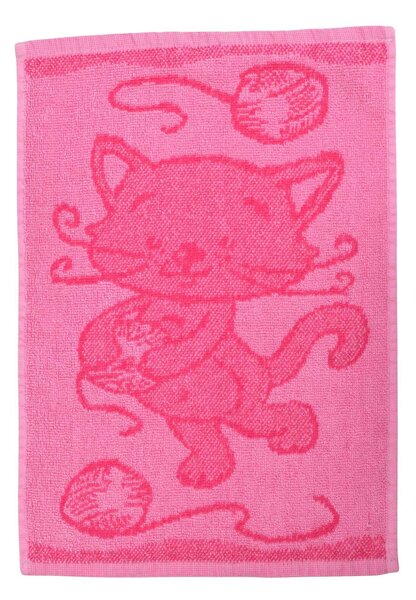 Dětský ručníček s motivem kočičky v růžové barvě. Obrázek z obou stran