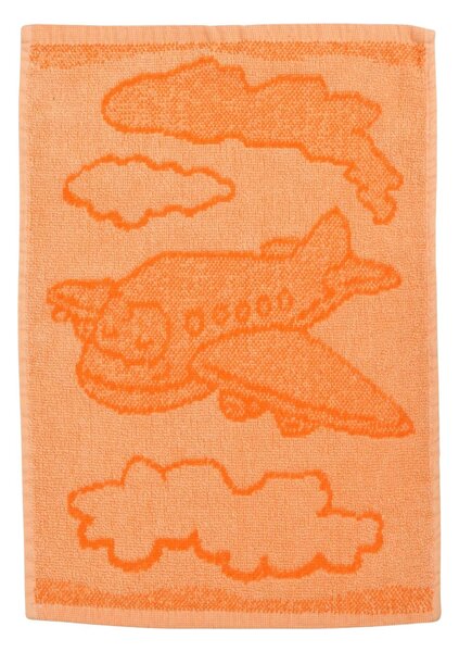 Dětský ručníček s motivem letadýlka v oranžové barvě. Obrázek z obou stran