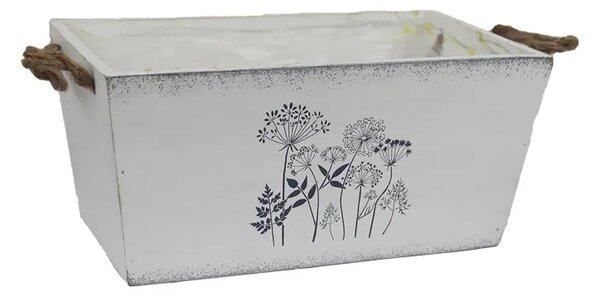 Bílý dřevěný obal- truhlík na květiny s motivem květin- 24x14 cm