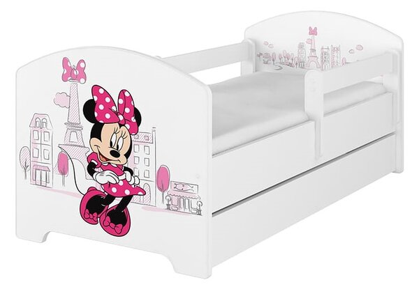 Dětská postel Disney se šuplíkem - MYŠKA MINNIE PARIS 140x70 cm BÍLÁ - 1 krátká + 1 dlouhá zábrana