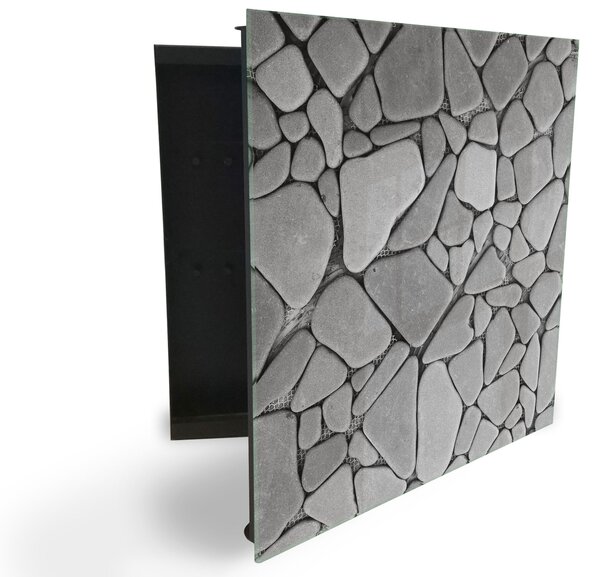 Glasdekor skříňka na klíče - abstrakce poskládané šedé kameny - Levé / Bílá