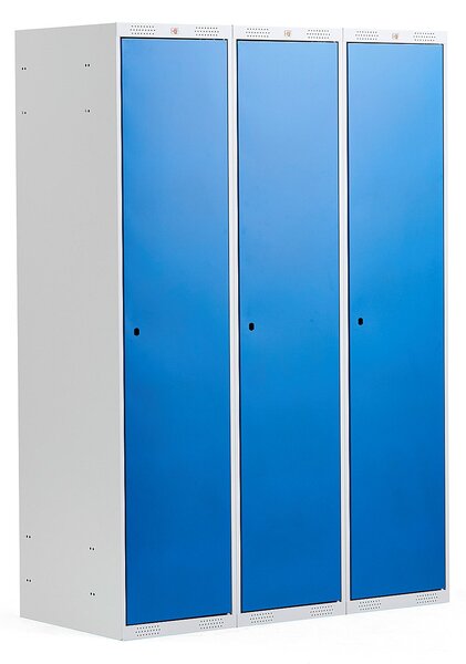 AJ Produkty Šatní skříňka CLASSIC, 3 sekce, 1740x1200x550 mm, šedá, modré dveře