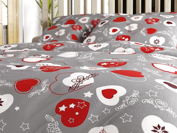 Sada mikroplyšového povlečení VÁNOČNÍ SRDCE šedé + prostěradlo mikroplyš SOFT 180x200 cm bílé, dvoulůžko