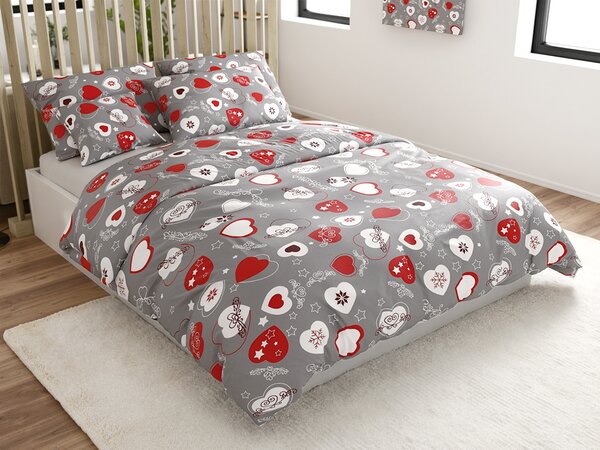 Sada mikroplyšového povlečení VÁNOČNÍ SRDCE šedé + prostěradlo mikroplyš SOFT 180x200 cm bílé, dvoulůžko