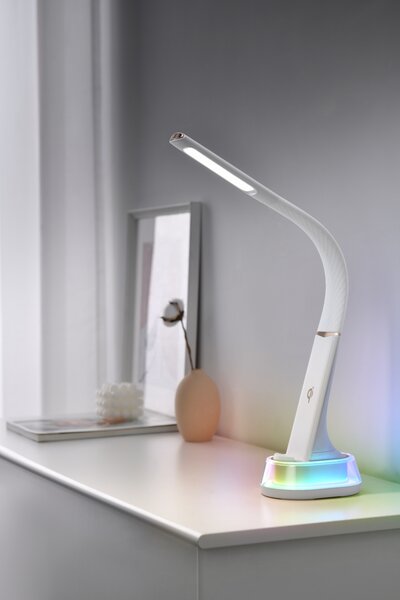 LED stolní lampička Immax CORELLA s Qi nabíjením černá +stříbrné prvky, RGB podsvícení