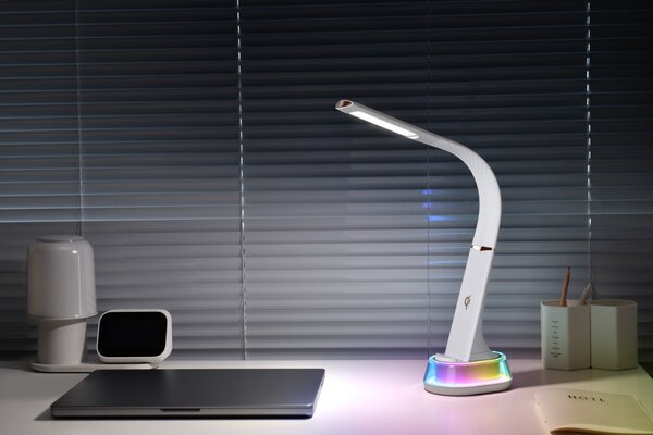 LED stolní lampička Immax CORELLA s Qi nabíjením bílá +zlaté prvky RGB podsvícení