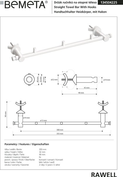 Bemeta Design RAWELL: Držák ručníků na topné těleso s háčky 300 mm, bílá - 134504225