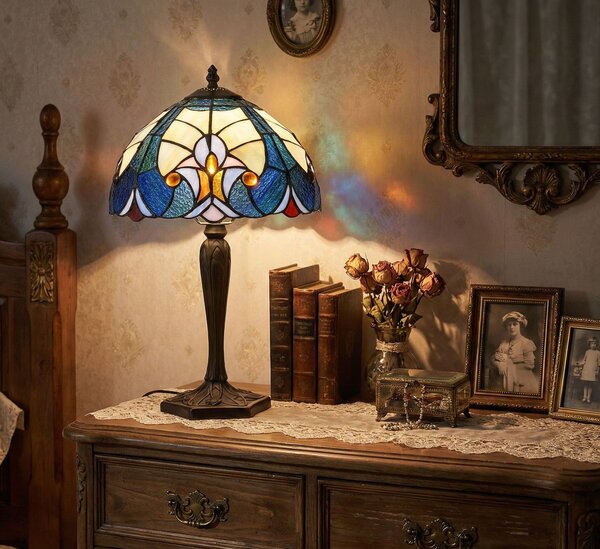 Modrá stolní Tiffany lampa Hilla - Ø 25*40 cm E14/max 1*40W - Clayre & Eef
