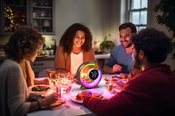 LED noční lampička, budík Immax PEACOCK s hodinami, RGB světlem a USB portem, stříbrná