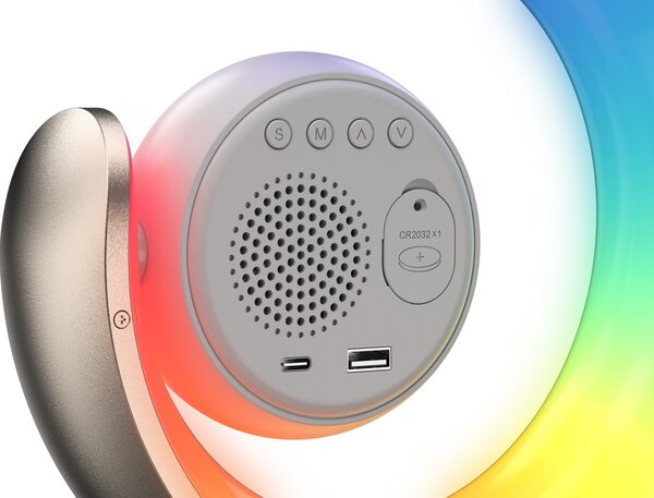 LED noční lampička, budík Immax PEACOCK s hodinami, RGB světlem a USB portem, zlatá