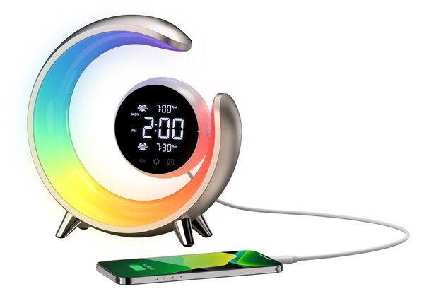LED noční lampička, budík Immax PEACOCK s hodinami, RGB světlem a USB portem, zlatá