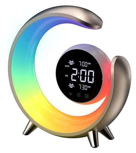 LED noční lampička, budík Immax PEACOCK s hodinami, RGB světlem a USB portem, zlatá