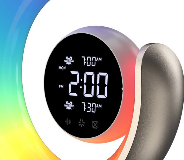 LED noční lampička, budík Immax PEACOCK s hodinami, RGB světlem a USB portem, zlatá