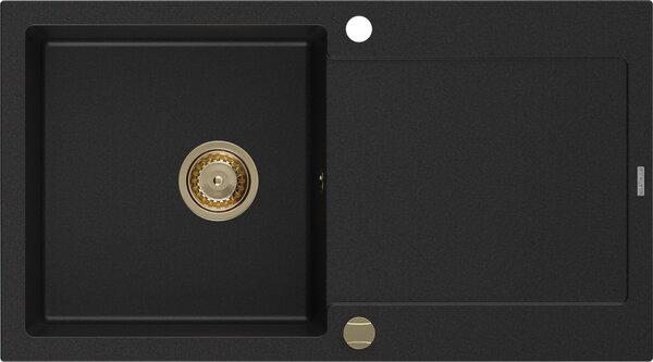 MEXEN/S - Leo granitový dřez 1-miska s odkapávačem 900 x 500 mm, černý, zlatý sifon 6501901010-77-G