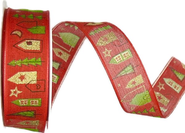 Stuha vánoční WINTER VILLAGE RED červená 25mm x 2m (13,-Kč/m)