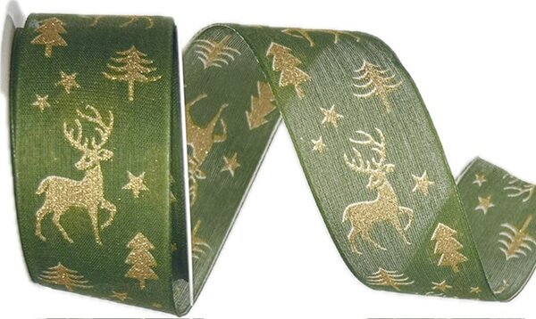 Stuha vánoční WOODLAND REINDEER FOREST zelená 40mm x 2m (14,-Kč/m)