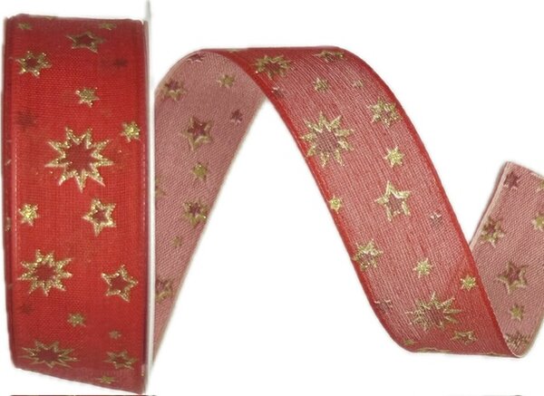 Stuha vánoční TWINKLE COTTON STARS RED červená 25mm x 3m (9,-Kč/m)