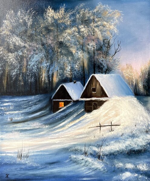 Ručně malovaný obraz od Tanja Frost - "Séria Zimní krajina - Zimní večer", rozměr: 50 x 60 cm
