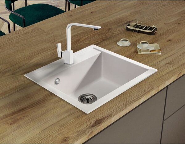 Sink Quality Ferrum, kuchyňský granitový dřez 565x510x205 mm + sifon, bílá, SKQ-FER.W.1K60.X