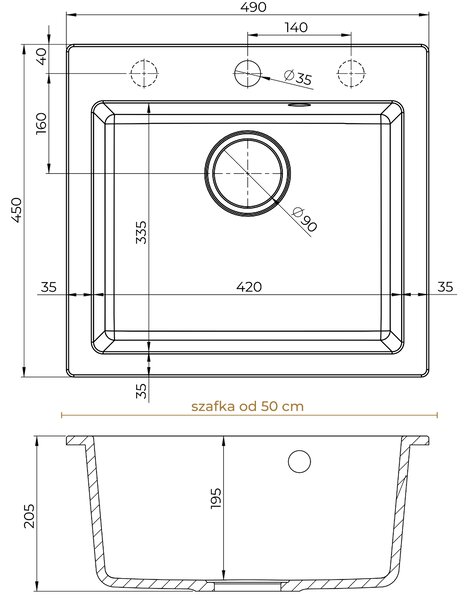 Sink Quality Ferrum 50, kuchyňský granitový dřez 490x450x195 mm + černý sifon, brocade, SKQ-FER.B.1K50.XB